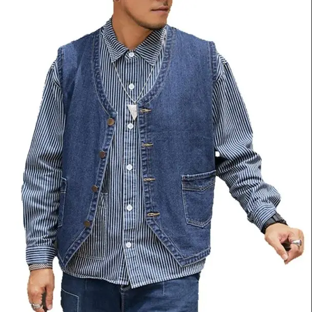 سترات جينز كبيرة الحجم، سترة جينز على الطراز الصيني برقبة على شكل حرف V، صدرية بدون أكمام للدراجات النارية للشباب