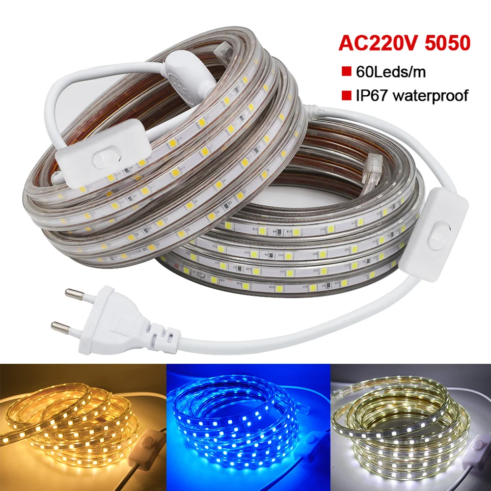 

AC 110V 220V LED Strip Light Waterproof SMD 5050 60Leds/m Flexible LED Tape Rope Light Home Decoration EU US UK Plug with Switch