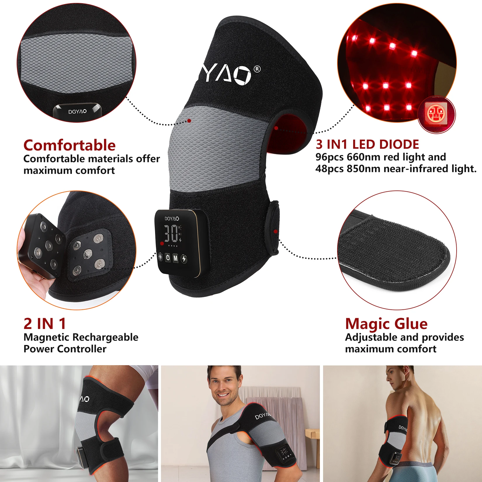 DGYAO Three in One Multifunctional Magnetic Cordless Red Light Therapy Knee Wrap for joint pain relief