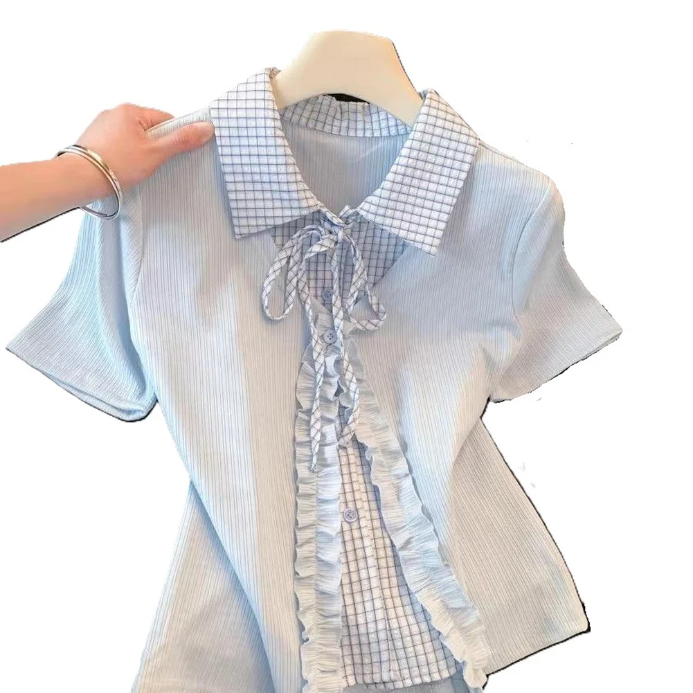 Ladies' Fake Two-piece Lace Up Patchwork Checkered Short Sleeved Shirt Tops Suitable For Spring And Autumn