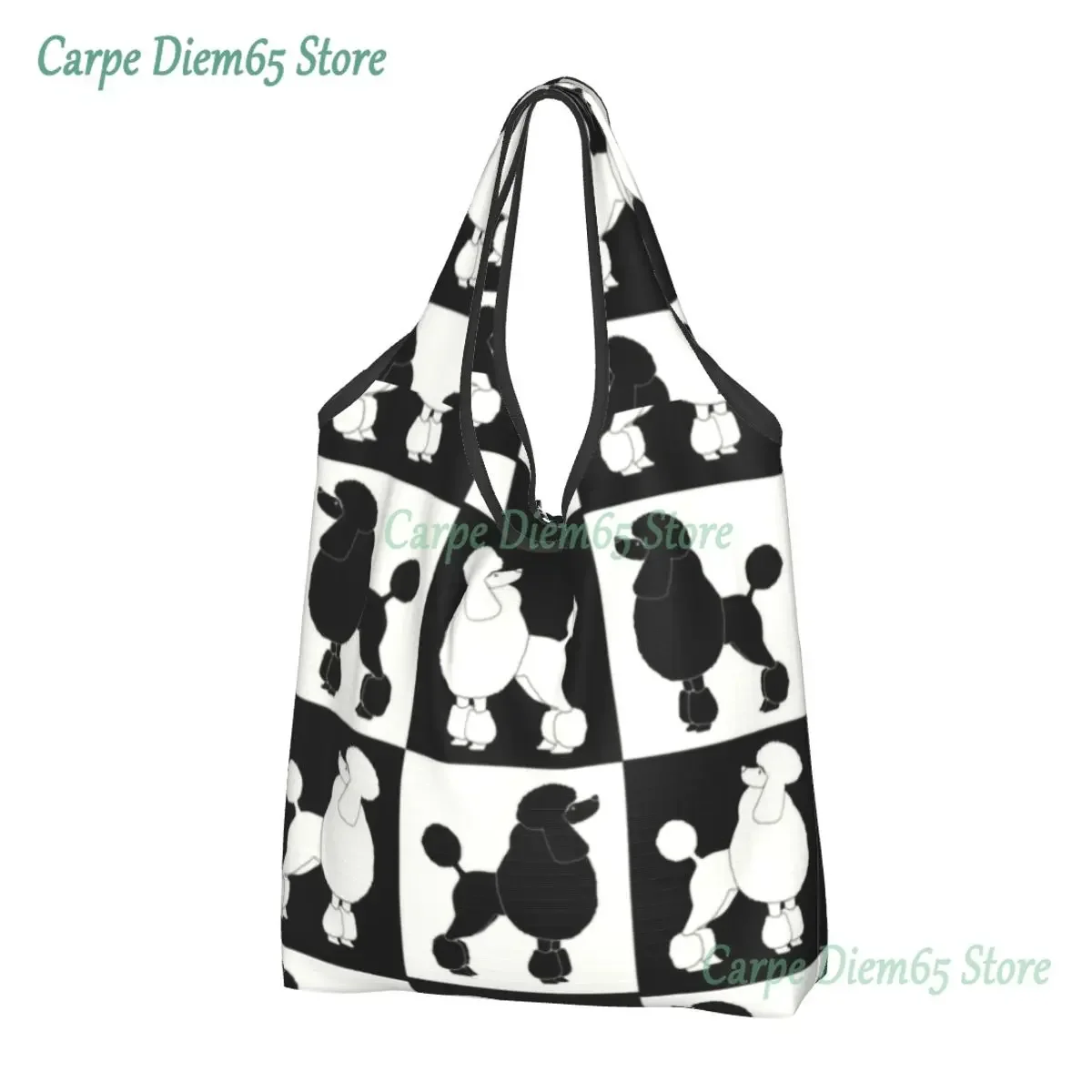 Checkered Poodles Groceries Shopping Bags Custom Shopper Tote Shoulder Bags Big Capacity Portable Dogs Handbag