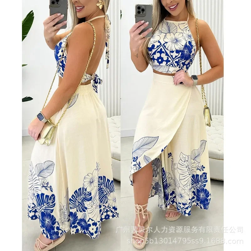 Tropical Print Halter Top & Slit Skirt Set Dress Sets Women Long Skirt Crop Top Maxi Two Piece Set Work Summer Top Matching Sets