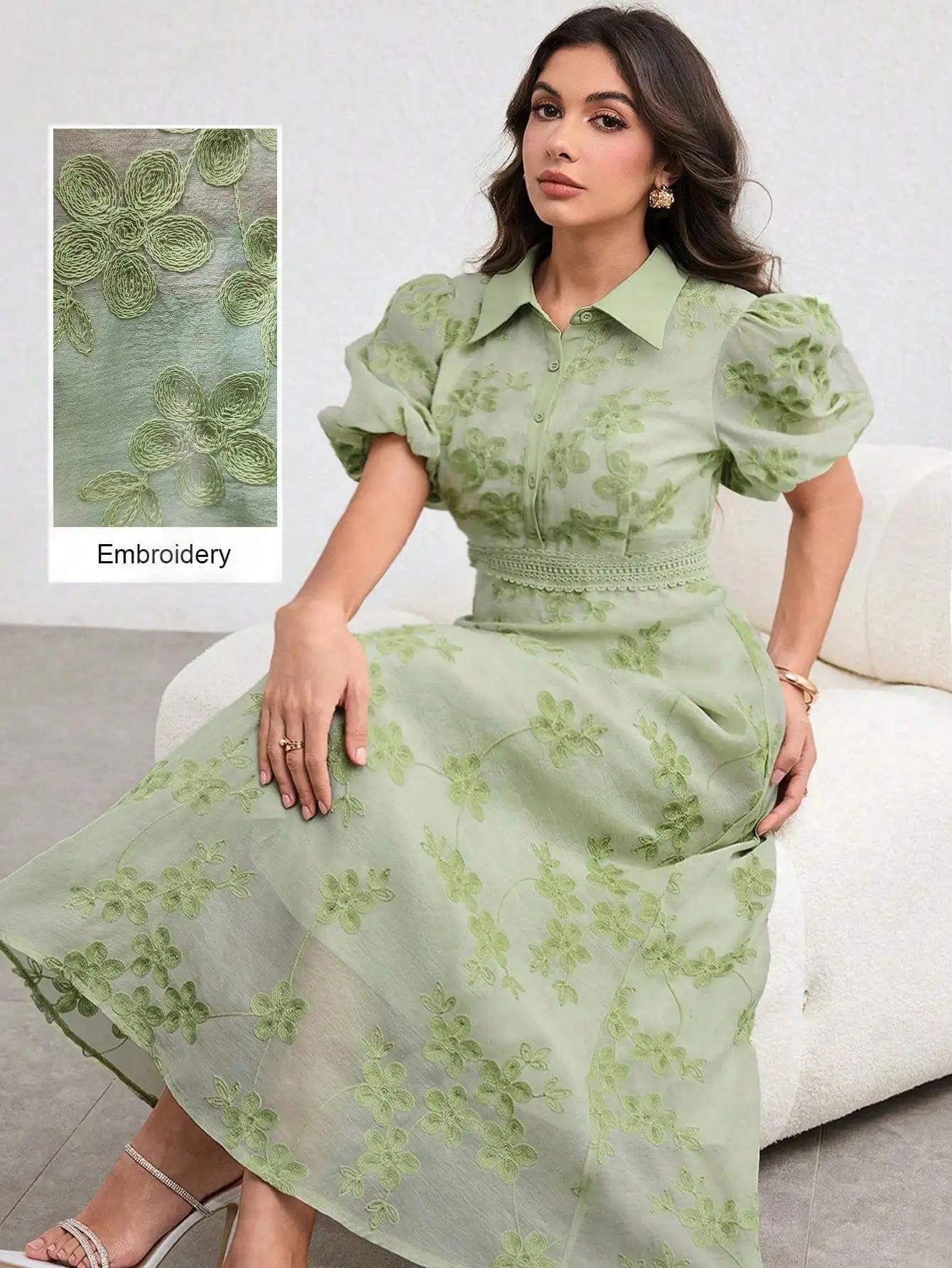 

Mint Green Embroidered Floral Shirt Dress with Puff Sleeves and Waist Tie