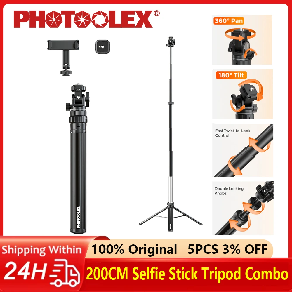 

ФОТООЛЕКС 360 ° Портативный штатив-монопод для телефона с автоматическим раскрытием, 200 см, регулируемый, из металлического сплава, с подсветкой для селфи