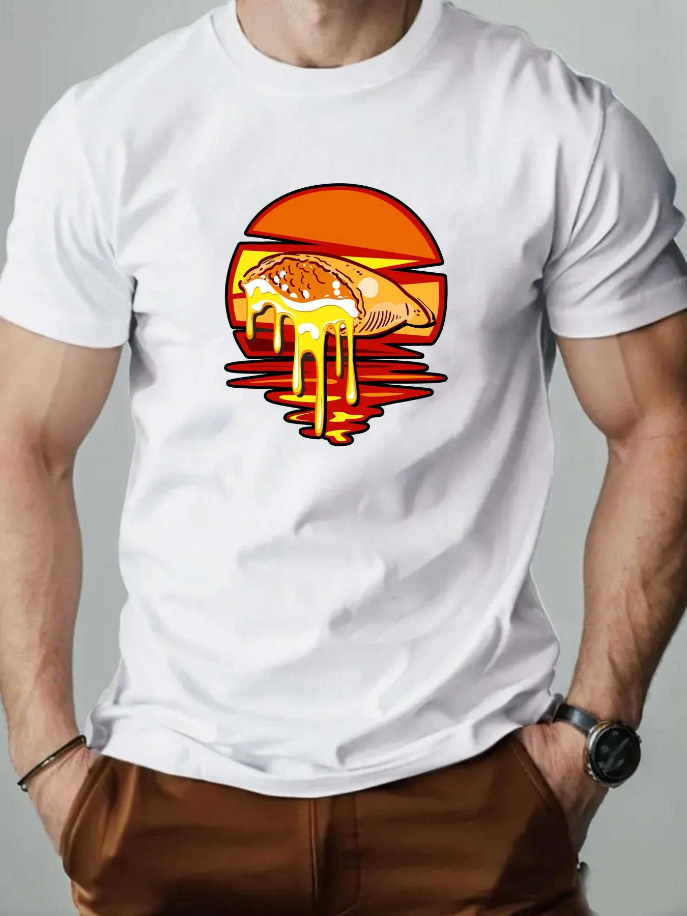 Fashion Mens Black Basic Tee Vintage Orange Sunset Melted Cheese Calzone Retro Food Graphic Casual Short Sleeve Shirts Tops