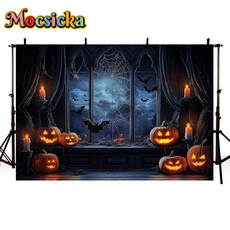 Mocsicka Horror Halloween Castle Backdrop Photography Broken Window Pumpkin Decor Kids Adult Portrait Photo Background Studio