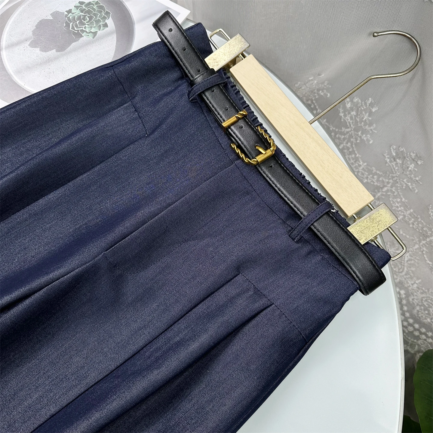 Spring 2026 Women's High Waist Wide Leg Pants Draping Dark Blue Casual Commute Belted Trousers Stylish Versatile Loose Fit