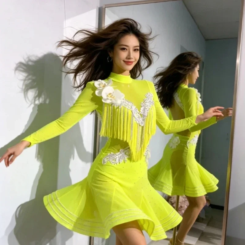 GB Standard Women Latin Dance Fringed Skirt New Professional Competition Art Exam Performance Dance Dress