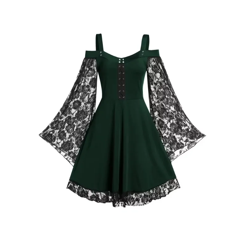 OvO StoreWomen Gothic Cold‑Shoulder Lace Flared Long‑Sleeve A‑Line Short Dress, Vintage Dark Style Party Casual Dress