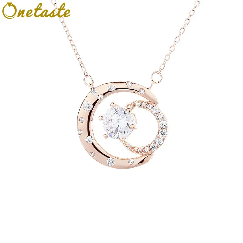 

925 Sterling Silver Cubic Zirconia Duo Moon Star Pendant Necklace Women Sparkling Trendy Stackable Chokers Necklaces Party Gift