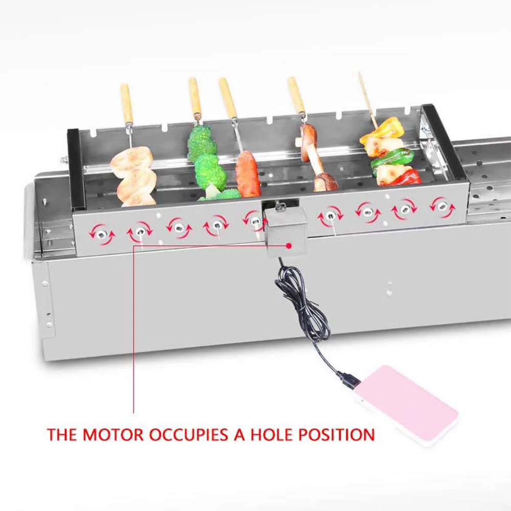 Brochetas de barbacoa comerciales, parrilla de acero inoxidable, máquina giratoria automática de carne, rodillo ajustable de ancho para perritos