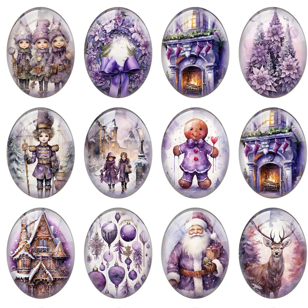 10pcs/lot Christmas X-mas Winter Purple Gingerbread Tree Oval Photo Glass Cabochon Flatback Demo Cameo For Diy Jewelry Making