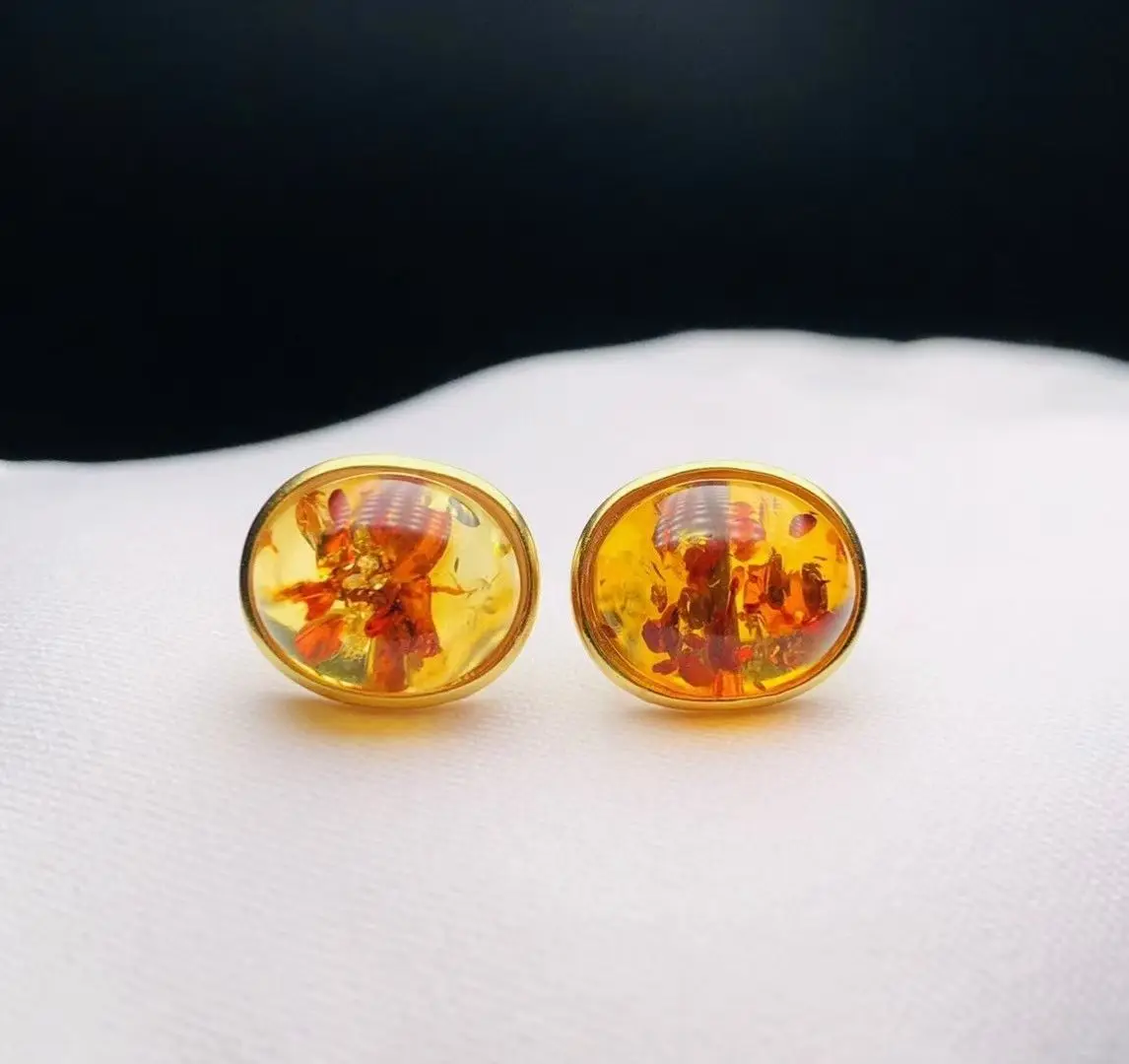 Guaranteed 925 Sterling Silver Baltic Natural Piebald Amber Oval Ear Stud Timeless Flower Transparent Earring Daily Fine Jewelry