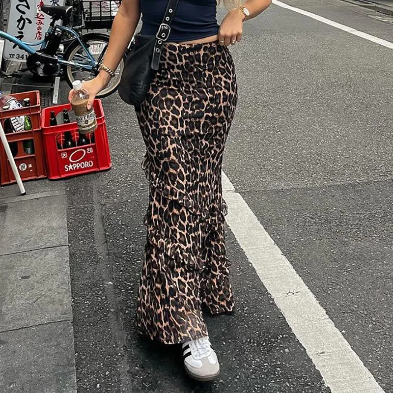 

DSMTRC Summer Female High Y2K Streetwear Mesh Long Skirts Leopard Print Maxi Skirt Sexy Hip Package High Waist Party Club Skirts