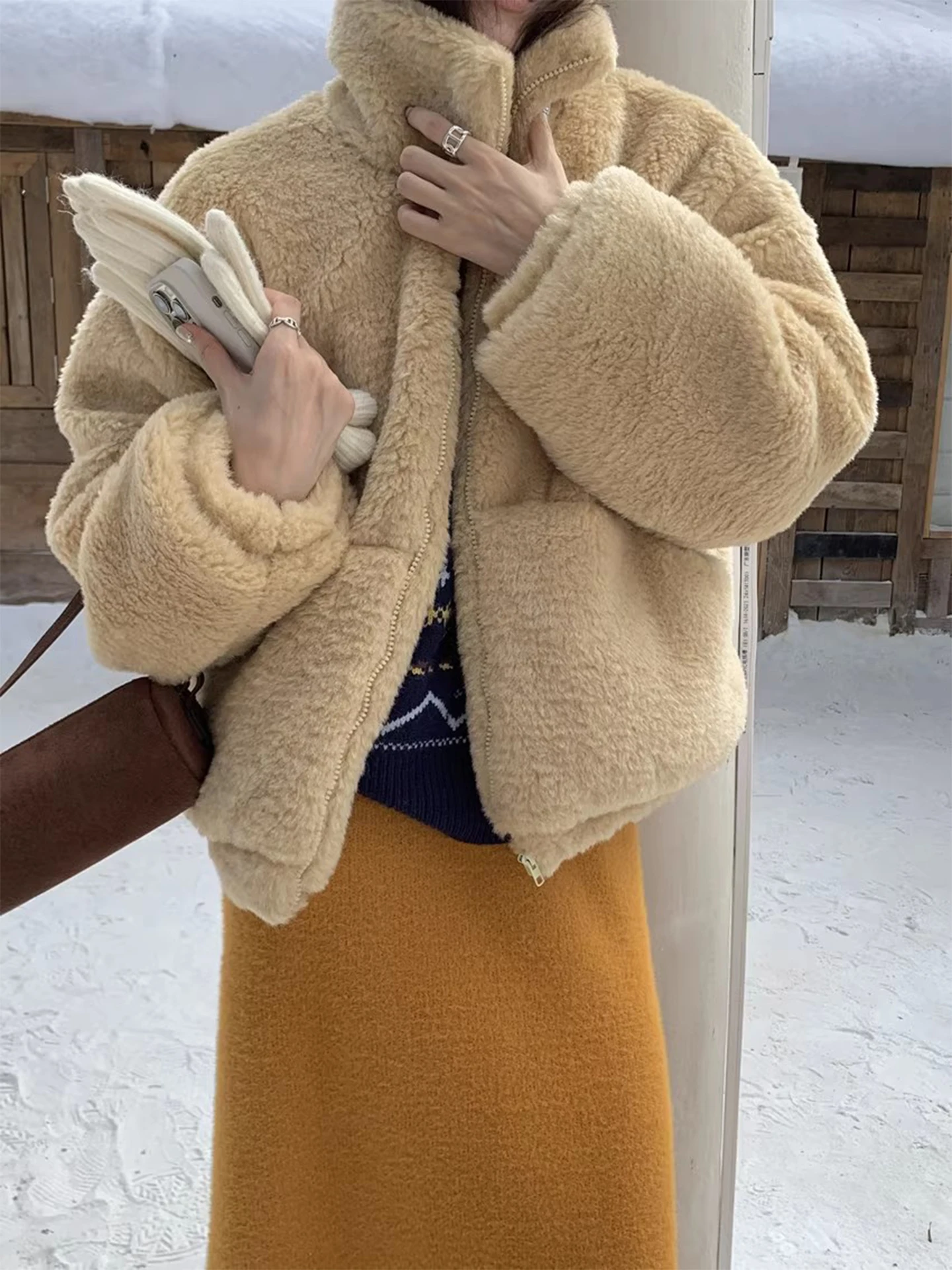 

Winter New Stand Collar Plush Coat for Women Fashion Simple Solid Color Zipper Design Quilted Jacket Retro Thicken Warm Overcoat