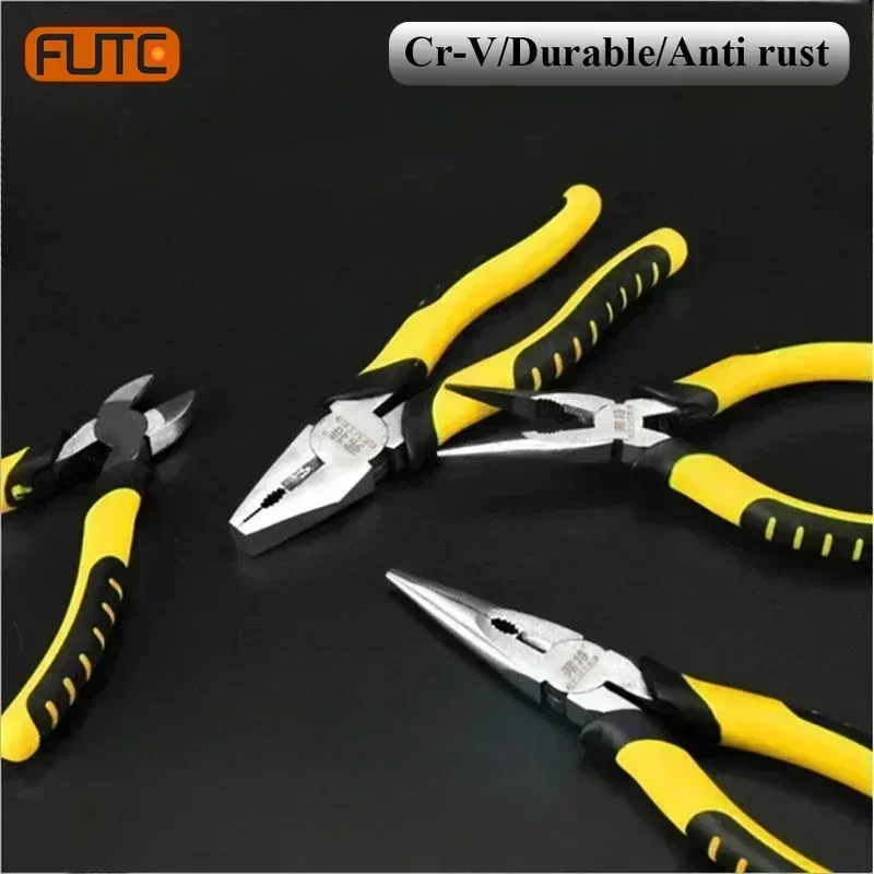 FUTE Handle Electrician Wire Pliers 8/6-in Cutter Crimping Pliers Multifunctional Hardware Hand Tools Stripping Pliers Household