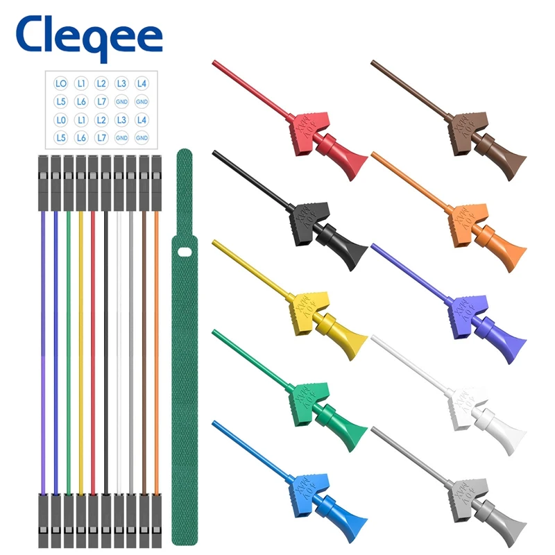 Cleqee P1512Pro SMD IC Test Hook Clips Test Leads Kit Mini Grabber Silicone Jumper Wire 26AWG Dupont Cables for Logic Analyzer