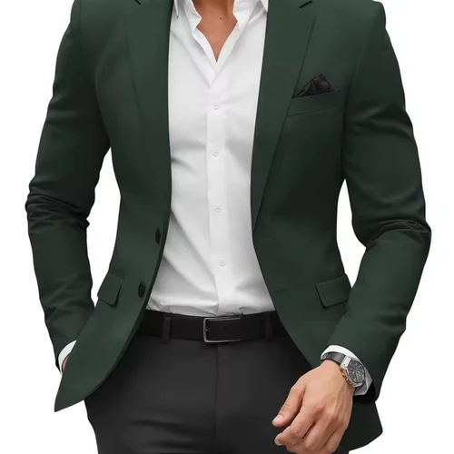 Imagen 2 del producto Chaqueta de traje de Color sólido para hombre de las cuatro estaciones, versión ajustada con bolsillo abatible, chaqueta de traje informal, traje con diseño de bolsillo falso en el pecho