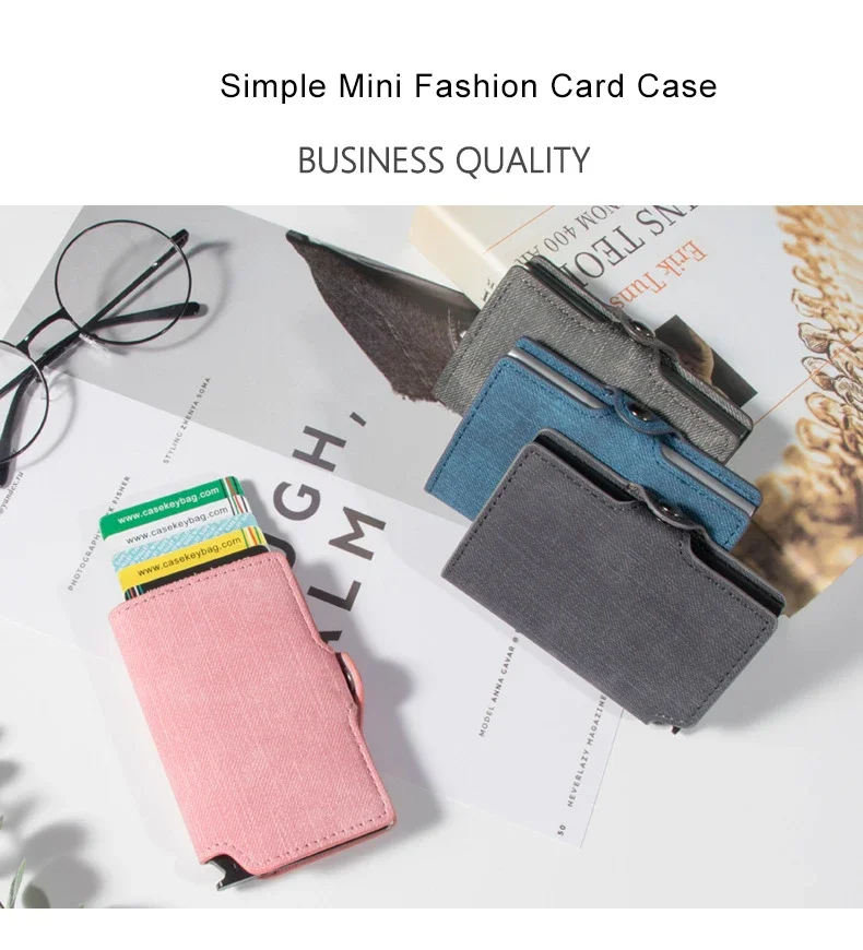 Damen Rosa Geldbörse Schlankes Minimalistisches PU-Leder Automatisches Pop-Up-Portemonnaie Geldklammer RFID Aluminium Kreditkartenhalter für Frauen Männer – Detail 4