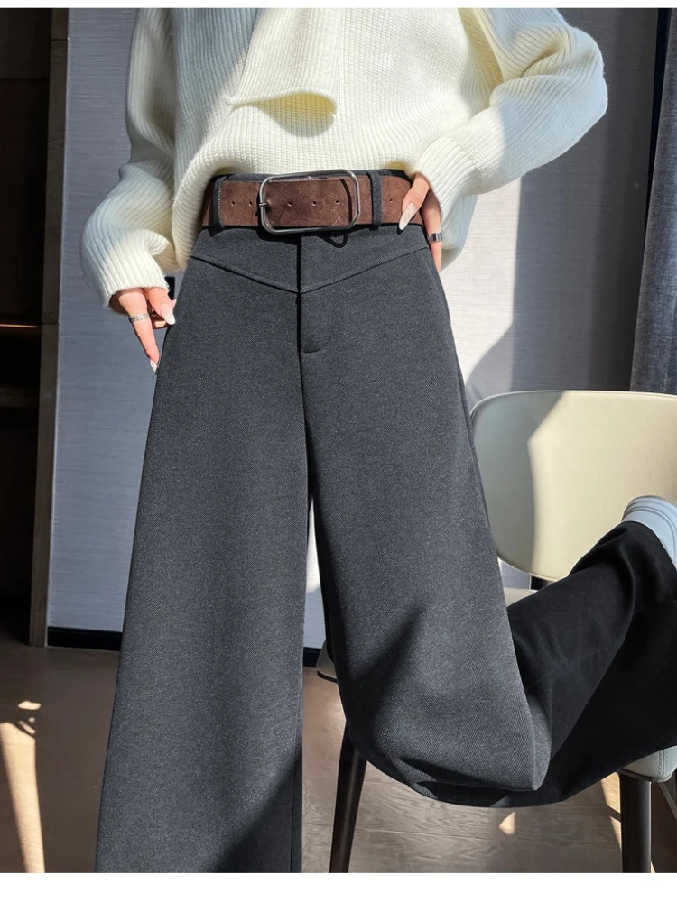 

Grey Woolen Wide-leg Suit Pants Women 2025fall Winter New High-waisted Draping Straight-leg Floor-length Thick Trouser ZT308