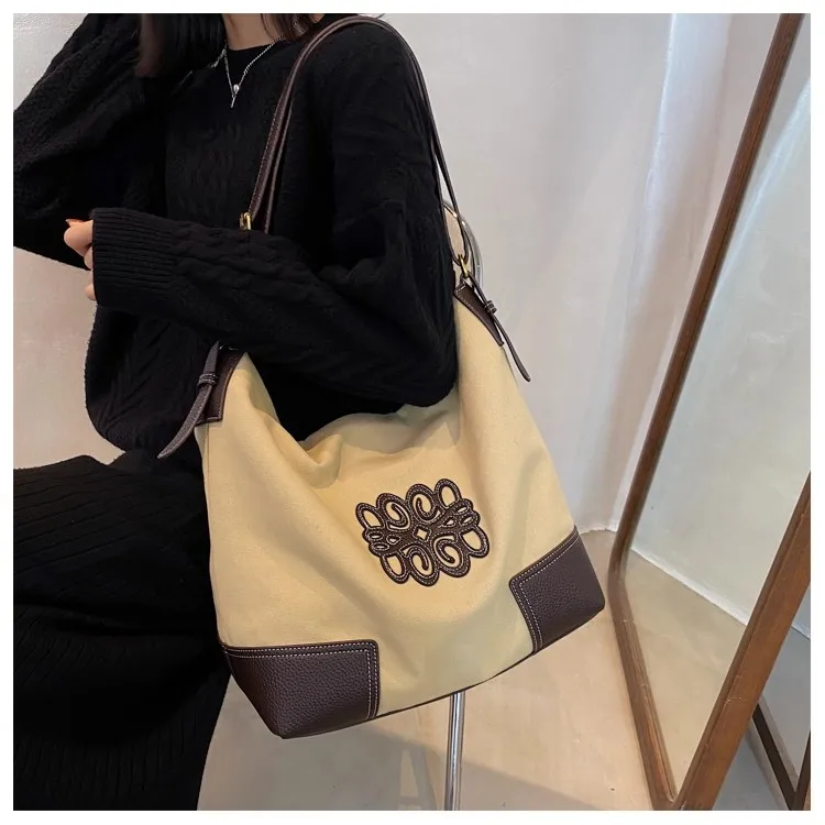 

JIAERDI Vintage Embroidery Tote Bag Women Large Capacity Canvas Shoulder Bag Ladies Everyday Commute Versatile Crossbody Bag New