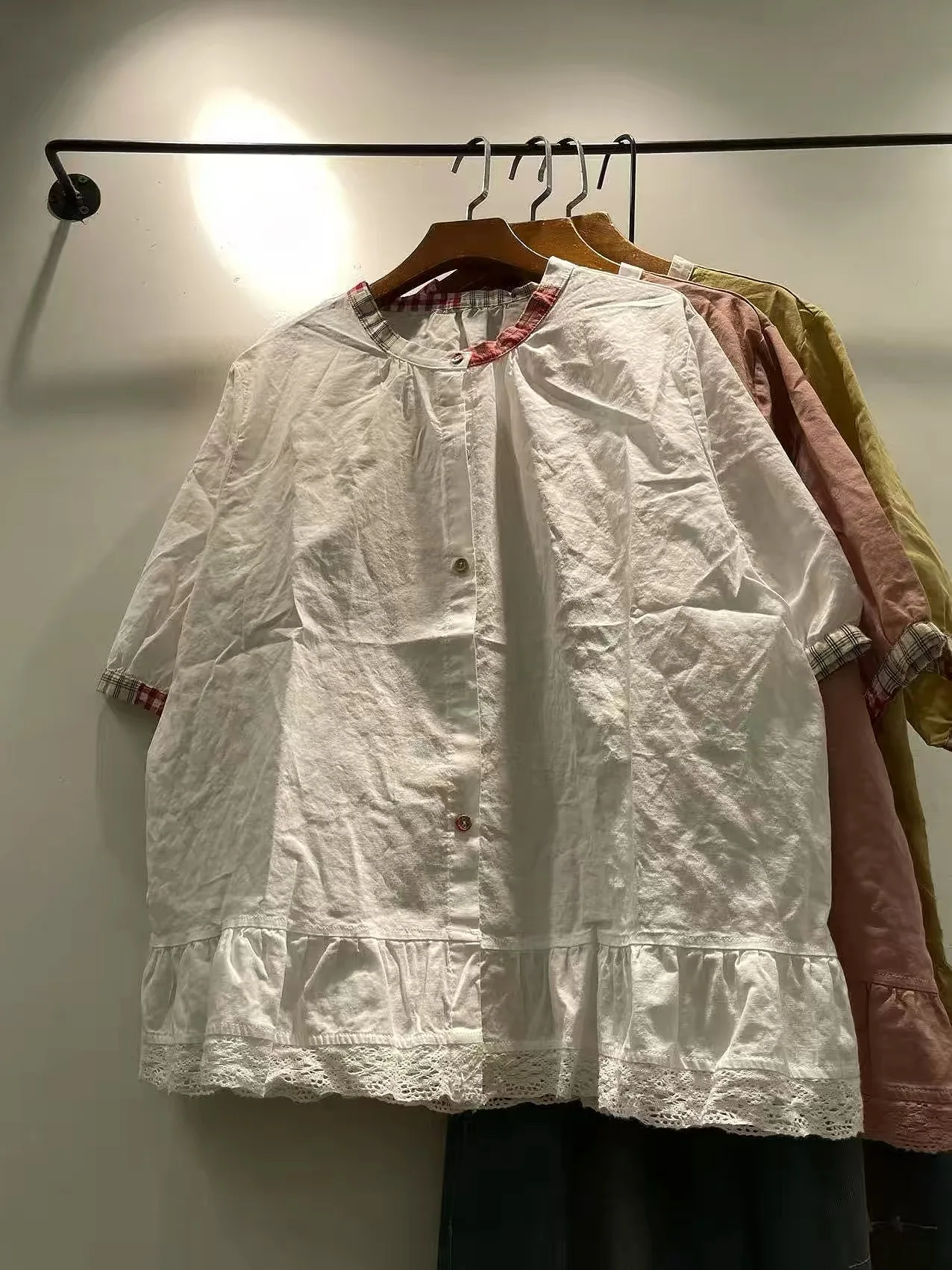 

2026 Women Vintage Blouse Plaid Trim Crew Neck Pure Cotton Ruffle Lace Hem Loose Oversized Cottagecore Casual Tunic Tops