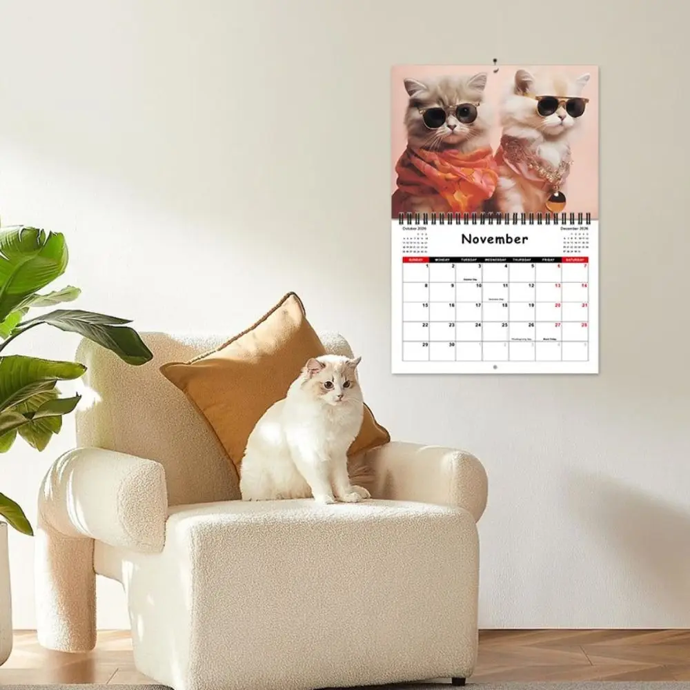 Calendario 2026 con diseño de dos gatos, construcción duradera, planificación de año completo, calendario de pared para gatitos, calendario colgante con lazo para gato, decoración del hogar