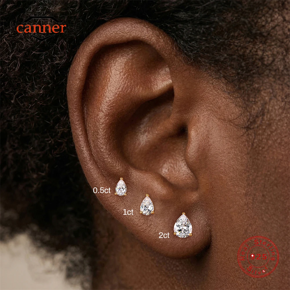 CANNER 1 Pair 925 Sterling Silver 0.5-2CT Pear Cut CZ Stud Earring Women 18K Gold Plated Minimalism Earrings Party Fine Jewelry