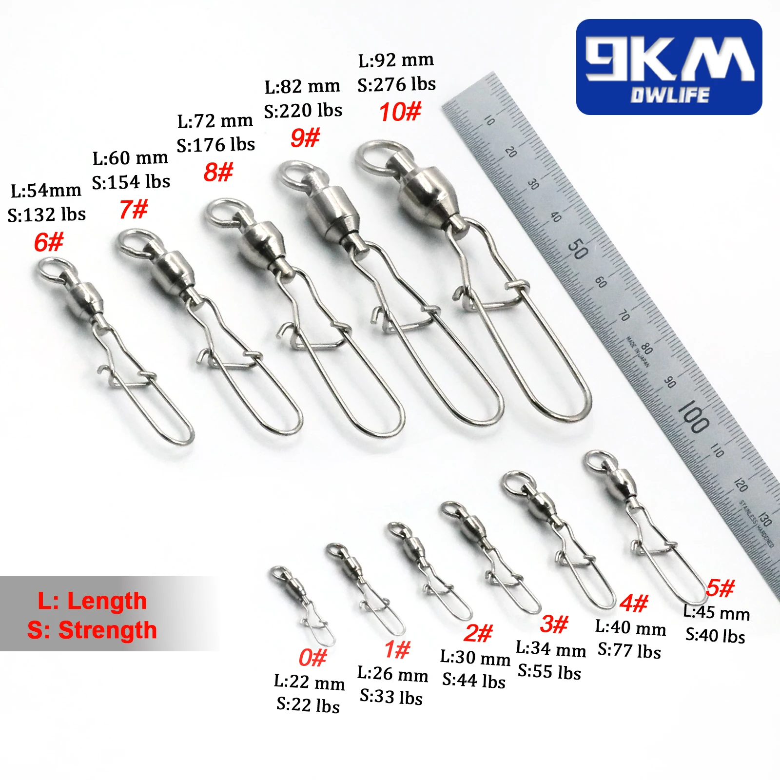 10Pcs Fishing Ball Bearing Swivels Duolock Snap Stainless Steel Fishing Connector Swivels with Crane Barrel Lure Fish Tackle
