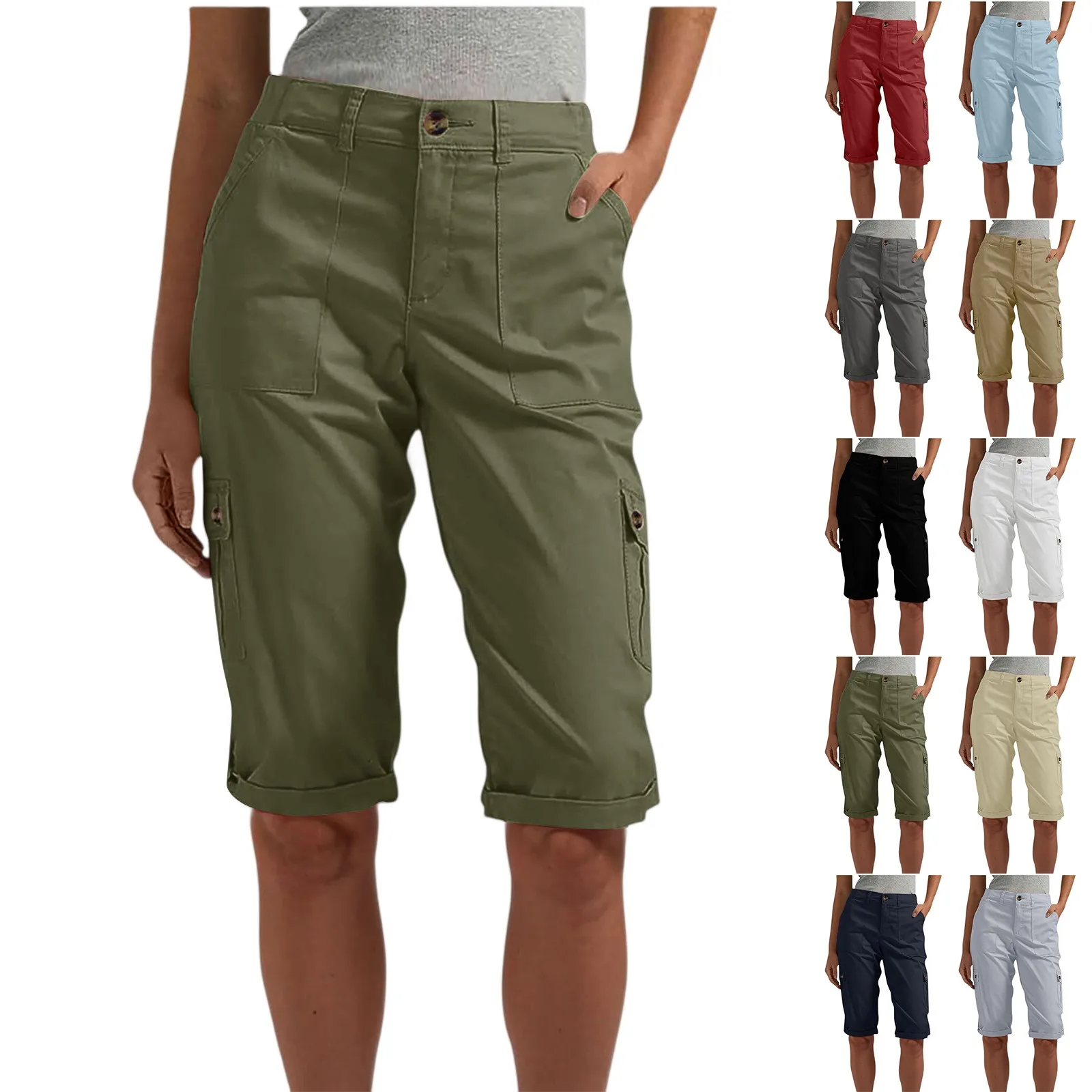 المرأة السراويل البضائع الأنيقة الربيع الصيف موضة عادية بلون متعدد جيب وزرة ضئيلة مستقيم الساق خمسة أرباع السراويل