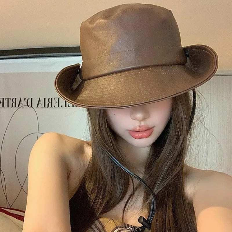 女性用puレザーファッションフィッシャーマンハット、屋外通気性ハイキングサンハット、洗える春夏帽子