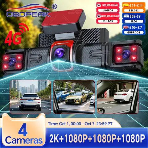OBDPEAK 4 Channel Hidden Dash Cam with APP 2K HD Night Vision 24H Parking Monitor G-Sensor Loop Recording ADAS LCA