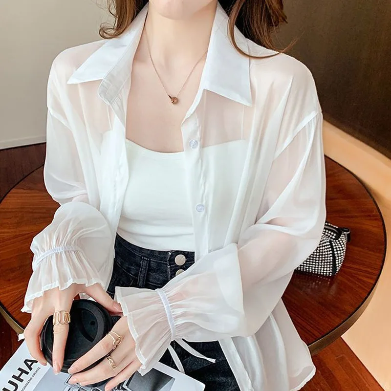 Chiffon Thin Solid Color Cardigan Summer New Long Sleeve Lacing Loose Simplicity Casual Shirt Tops Sweet Fashion Women Clothing