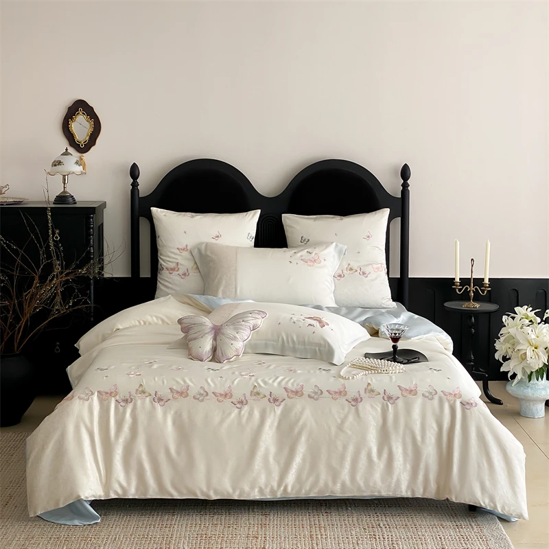 Lyocell Jacquard Soft Silky Cool Feeling Bedding Set Butterfly Embroidery Duvet Cover Bed Sheet/Fitted Sheet Pillowcases 3/4Pcs