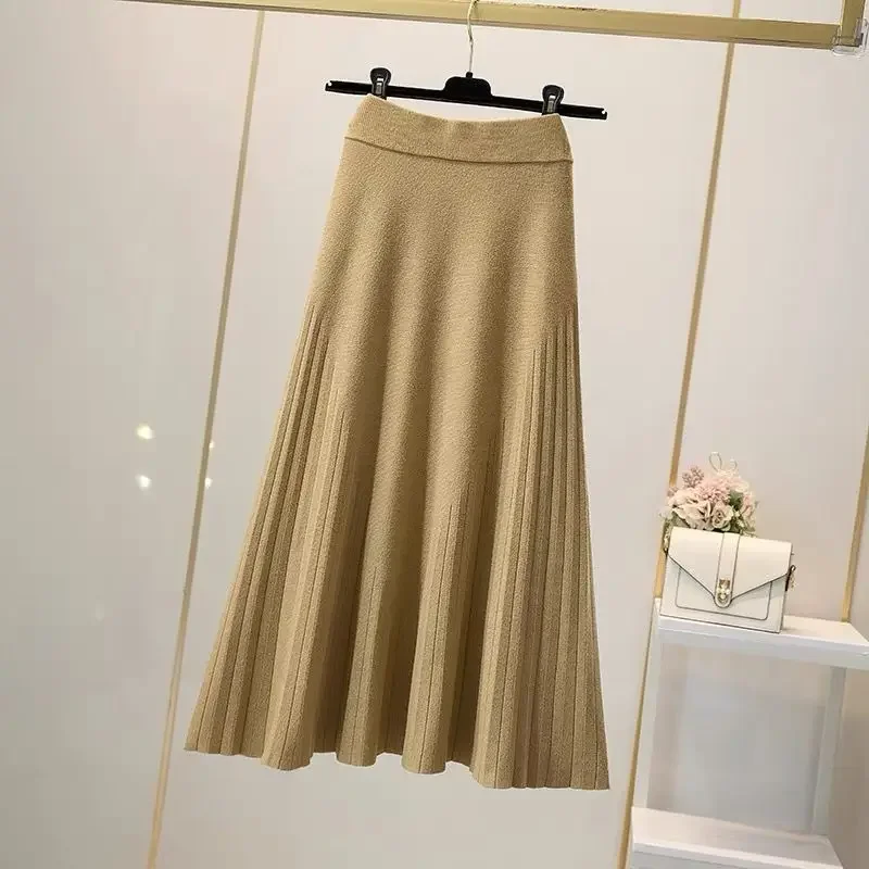 

A-line Skirt Solid Color Medium Length Hundred Fold Skirt Thick Knitted Half Length Skirt for Women High Waist and Slimming