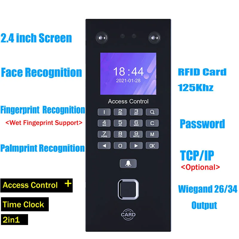 جهاز حضور وانصراف الوجه وبصمات الأصابع بشاشة 2.4 بوصة مدمجة 2000 قالب منتج التحكم في الوصول البيومتري #2