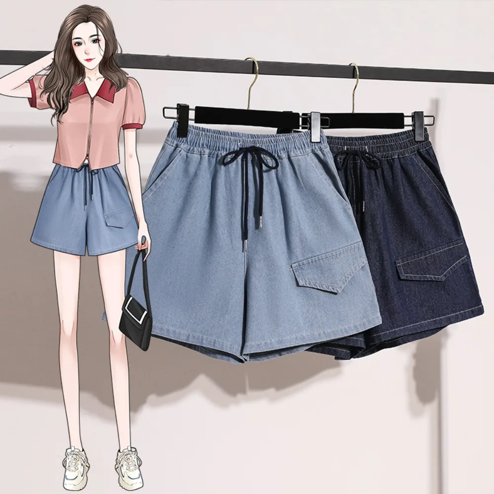 

Basics Vintage Casual Pockets Waist Draw String Wide Leg Denim Short Pants Streetwear High Street Plus Size Clothing