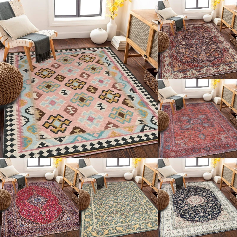 Large Distressed Vintage Red Brown Area Rug with Worn Texture Living Room Bedroom Retro Decor Carpet Home Decoration Mat