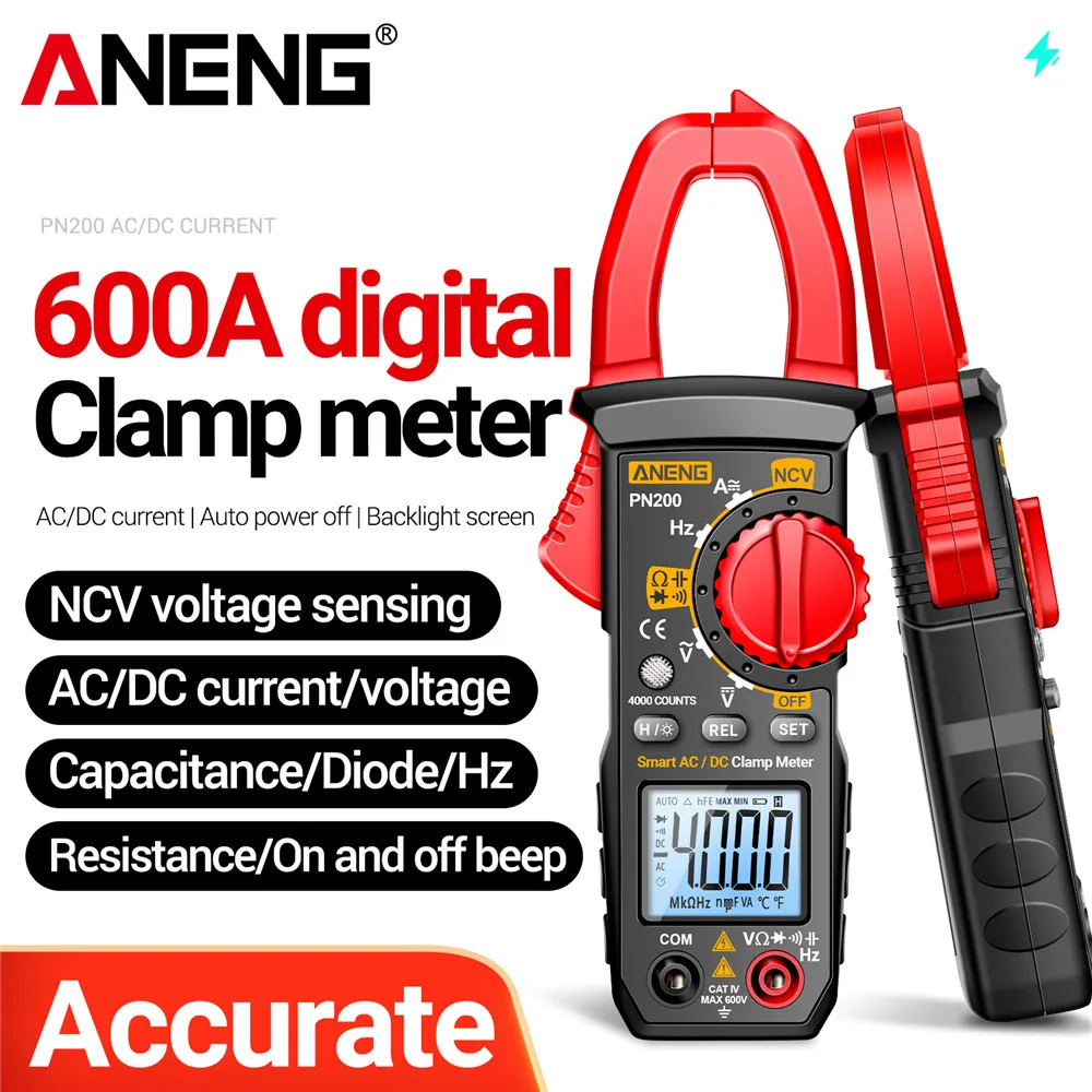 

Цифровой токоизмерительный клещевой мультиметр ANENG PN200, тестер для электриков, измерение постоянного/переменного тока 600А, напряжения, емкости, 4000 измерений, инструменты-детекторы