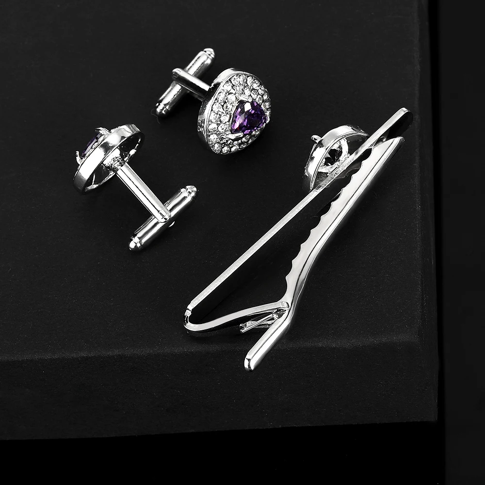 Novelty Luxury Purple White Zircon Triangle Cufflink Tie Clip Set With Full Crystal Paved Nice Gift For Men Boy