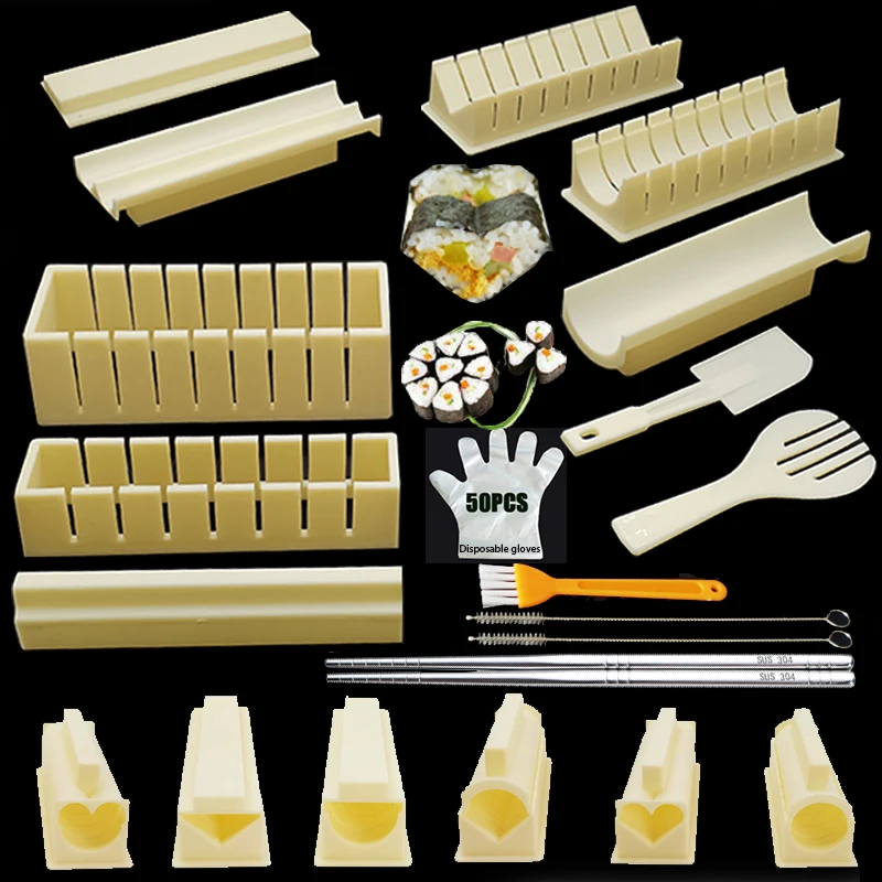 11Pcs/Set Heart/Round/Square Sushi Tools Rice Mold Japanese Ball Cake Mold Mould Sushi Maker Brush /50Pcs Gloves/Chopsticks