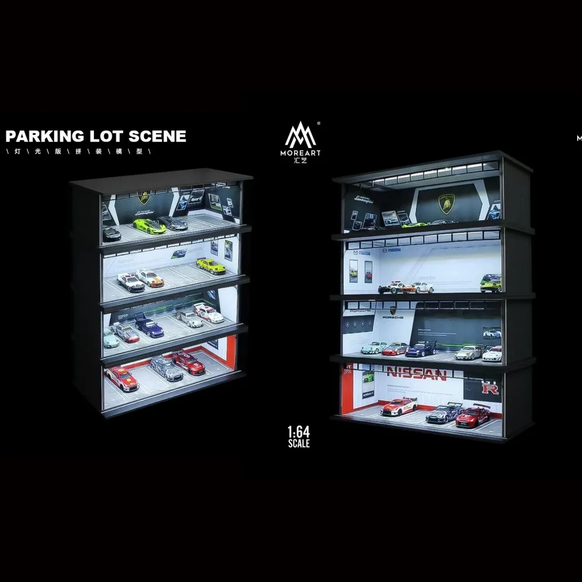 Moreart/TimeMicro 1:64 Scale Diorama Car Garage Model Assemble LED Lighting Car Parking Lot Backdrop Display Scene Model