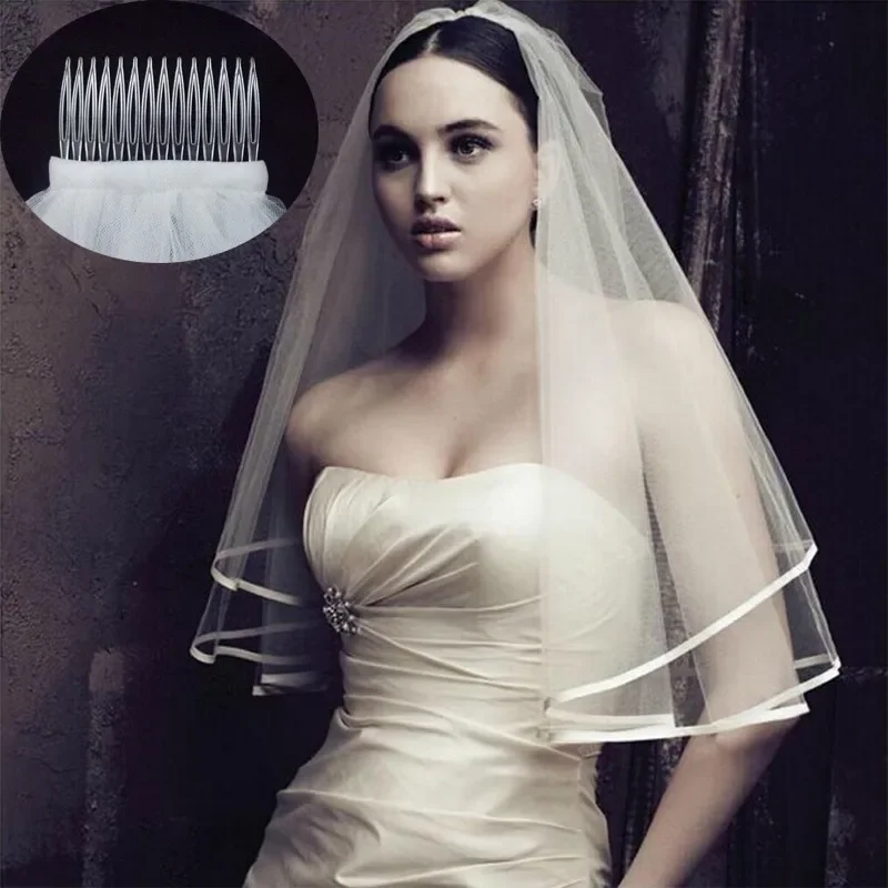 Wedding Veil Comb Sexy Yarn Dyed Two-layer Real Photos Ribbon Cheap Two White Ivory Tulle and Combs Bridal Veil