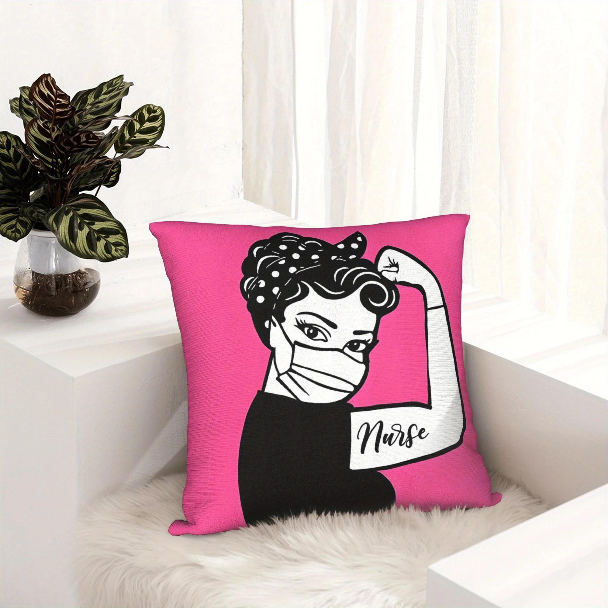 Pink Nurse Pillowcase, Strong Woman Mask Print Cushion Cover, Medical Hero Decor, Retro Style Art Throw Pillow, Home Textile