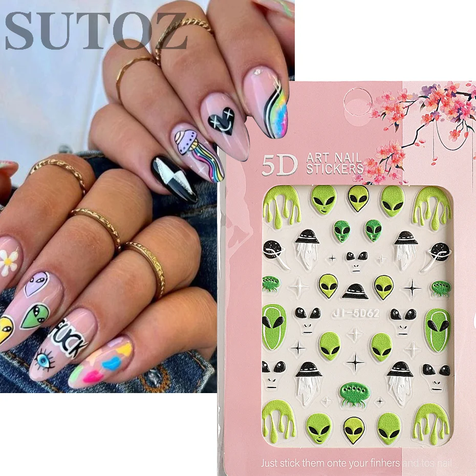 5D Aliens Astronaut Embossed Nail Stickers Green Alien eyes Astronaut Design Cute Interstellar Style Nail Art Decor #LEJI-5D63