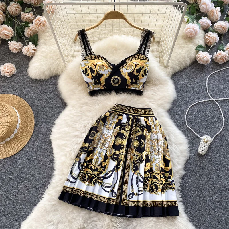 2023 Summer New Short Strapless Suspender Vest High Waist Pleated Skirt Two Piece Set Dress Sets