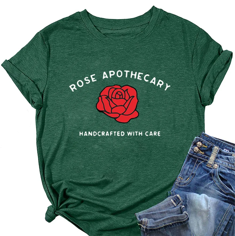 

Women’s T Shirts Red Rose Tshirts Rose Apothecary Handcrafted with Care Graphic Oversized Tees Tops Short Sleeve Clothing Shirt