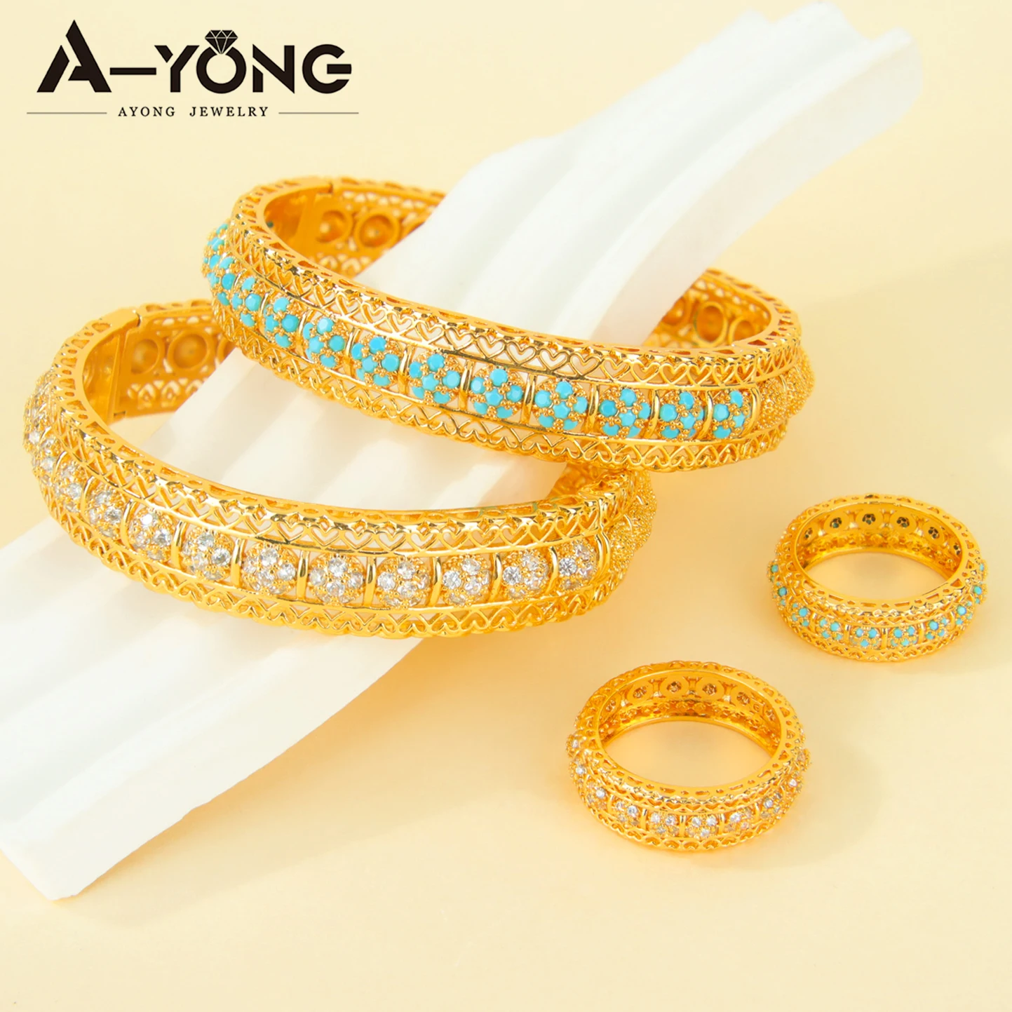 Luxury Dubai Gold Wedding Jewelry Set 21k Gold Plated Italian Fashion Cuff Bracelet Ring Ethiopian Women Party Bangles