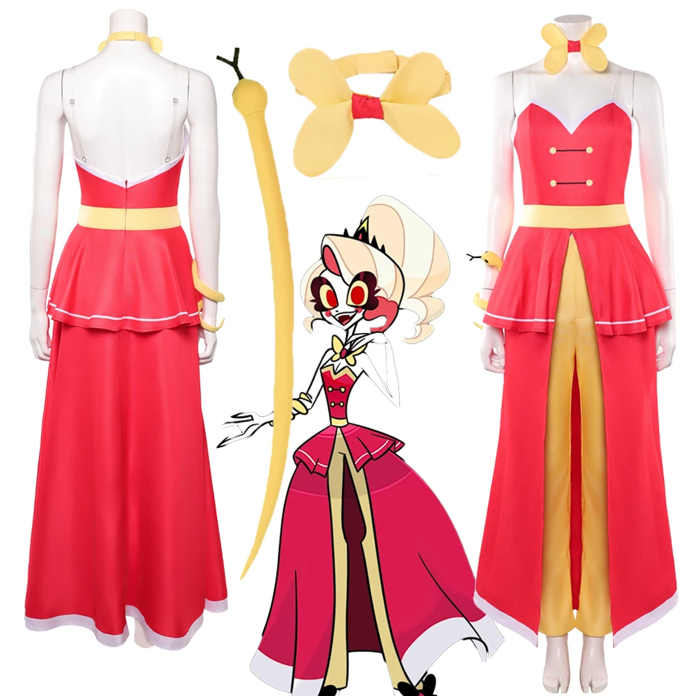 فستان هازبين هيل إن التنكري تشارلي الأحمر زي موحد ملابس الفنادق مجموعة ملابس دعائم الأفعى الصفراء ملابس حفلة كرنفال الهالوين