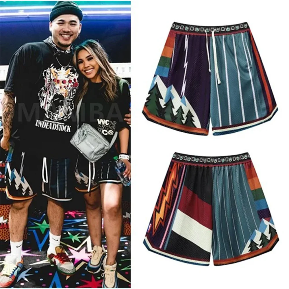 New Summer Cartoon graffiti leisure style Mesh Short Classic Floral Printed Gym Shorts Men\'s Gym Basketball Sports Beach Shorts